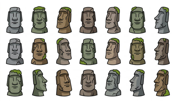 Ancient Moai Stone Heads Vector Collection Rapa Nui Easter Island Cartoon Sculpture Set