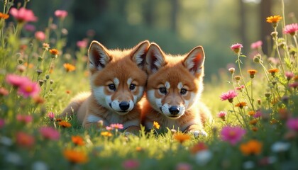 Fototapeta premium Two fox puppies lay in green grass among wildflowers. Young canines rest near colorful blossoms. Cute animals explore nature, feel forest tranquility.