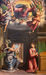 Fototapeta premium Bologna - The painting of Annunciation in church Basilica di Santa Maria dei Servi by Innocenzo da Imola (1515 - 1520)