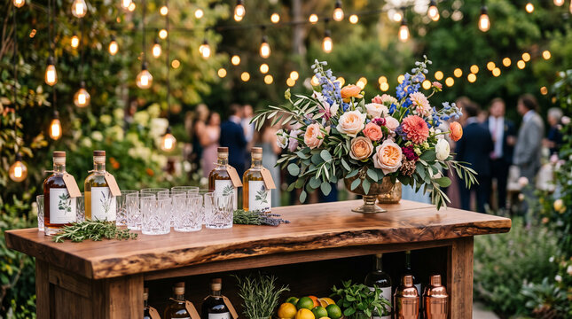 Elegant outdoor wedding bar setup with floral arrangement and string lights in garden