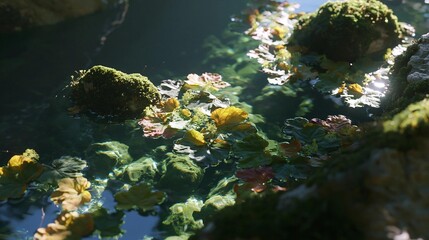Obraz premium Close-up of a group of rocks and plants growing in a body of water. the rocks are covered in green moss and lichen, and the plants are in various shades of green, orange, and yellow.