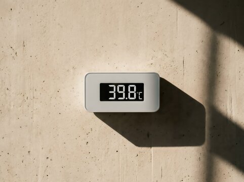 Digital thermometer mounted on a beige wall showing high temperature reading. Modern device displaying room climate information. Heat wave, global warming, weather monitoring concept.