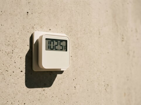 Digital thermometer mounted on a concrete wall showing high temperature in Fahrenheit. Indoor climate control device monitoring heat level. Weather measurement tool for hot climate.