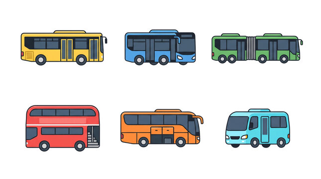 Diverse collection of colorful public transportation vehicles including city buses coaches and double decker models rendered in a clean flat graphic design style isolated for professional use on trans