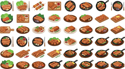 Fototapeta premium Korean Barbecue Samgyeopsal Vector Icon Set Featuring Grilled Pork Belly Slices Skewers Sizzling Skillets and Asian Side Dishes for Restaurant Menu Designs