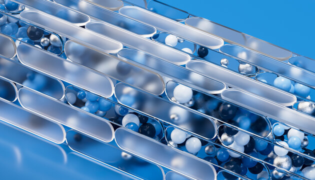 3D blue capsule channel with metallic sphere filling
