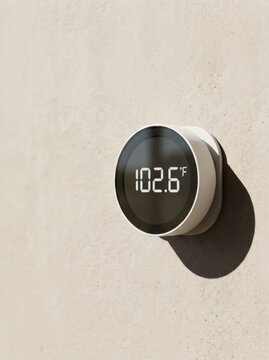 Digital smart thermostat mounted on a wall displaying high temperature reading of 102.6 degrees Fahrenheit. Innovative home climate control system. Modern household energy management concept.