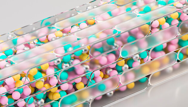 3D pastel capsule tubes with colorful sphere layers