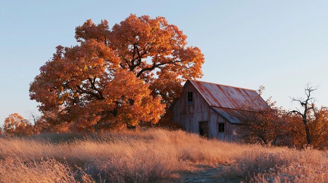 Small wooden barn with a corrugated metal roof in the middle of a field. the barn is surrounded by tall grass and shrubs, and there is a large tree with orange leaves on the left side of the image.