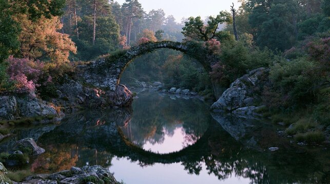 Beautiful landscape of a stone bridge over a small pond. the bridge is arched and spans over the water, which is still and reflects the trees and foliage around it.