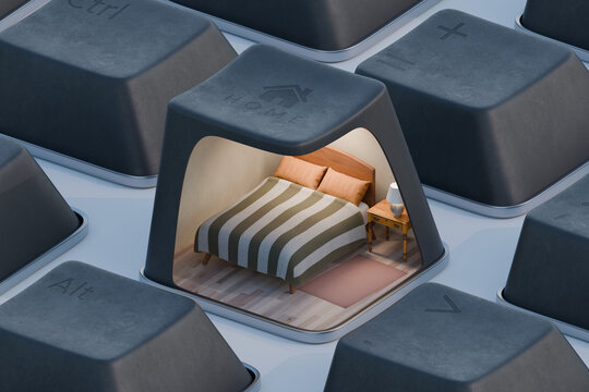 3D smart home key with cozy bedroom interior