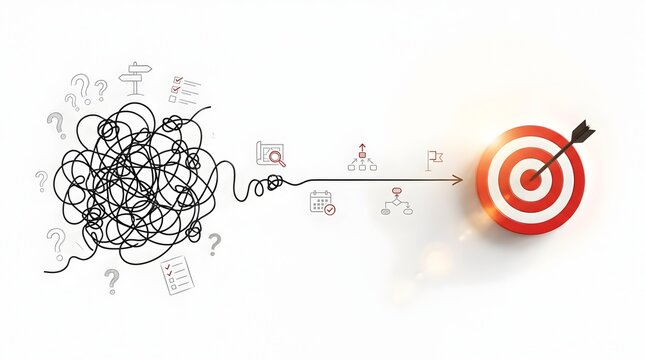 Strategic business solution concept featuring tangled paths straightening into a precise arrow striking a red bullseye