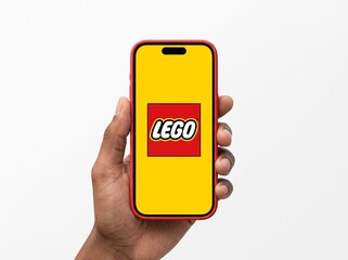 Obraz premium LEGO editorial. LEGO is a Danish toy production company known for interlocking plastic bricks. The official corporate brand logo is displayed on a red smartphone screen held by a hand. Mockup.