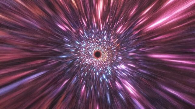 Wormhole travel through space with transport speed concept. Colorful abstract cosmic tunnel with glowing light rays and vibrant energy swirl in space
