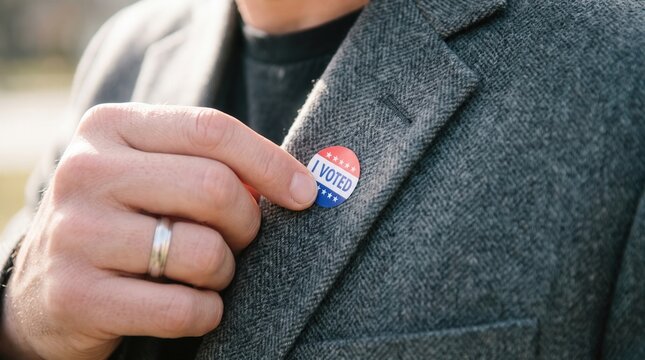 Person placing an i voted sticker on their suit jacket with election, democracy
