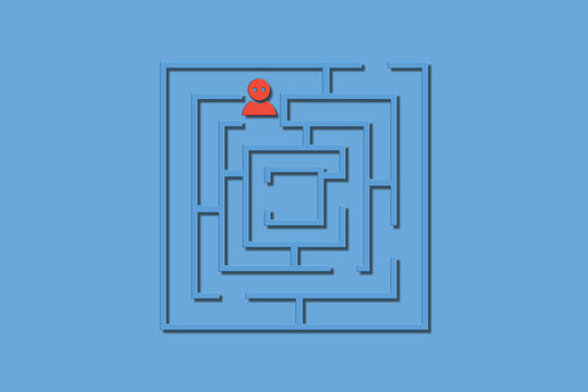 Person trying to find the way out of a maze with blue background and clear paths in a simple design
