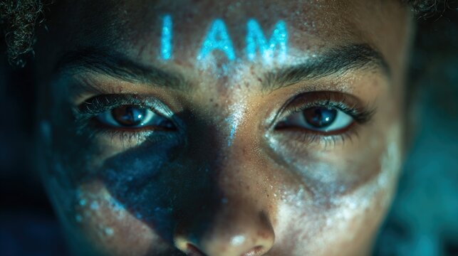 Woman face with glowing text I AM