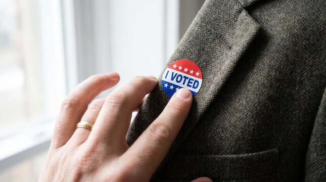 Hand attaching i voted sticker to a lapel with election democracy participatio