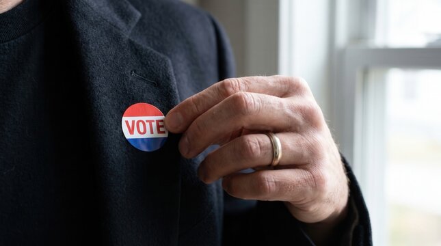 Close up of a person wearing a vote button on dark jacket with election