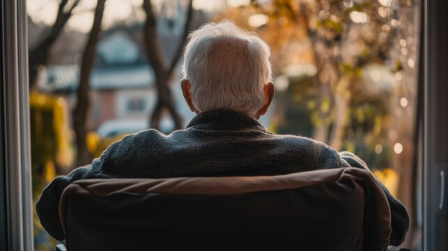Elderly man sits in chair looking out window at autumnal garden.