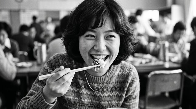 昭和の日本人女性：昭和の社員食堂で、笑顔で定食を食べる20代日本人OLの日常を切り取ったモノクロバストアップポートレート