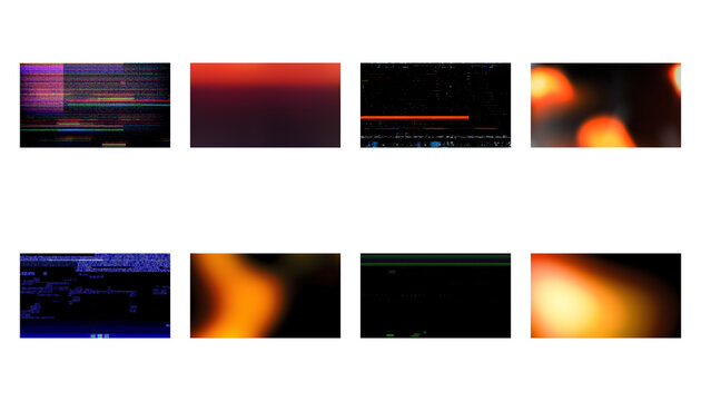 Digital glitch and light leak PNG overlay set with chromatic distortion effects isolated on transparent background