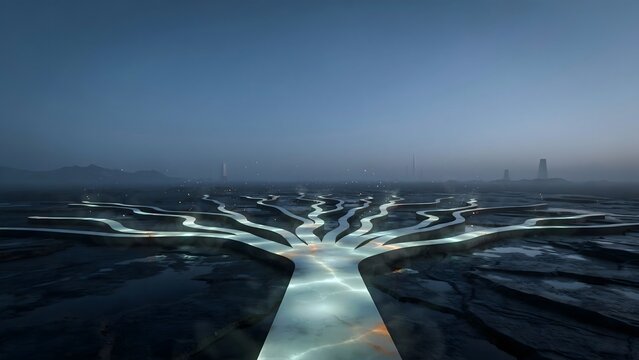 Luminous pathway splitting across vast futuristic horizon &ndash; Suitable for vision statement presentations, destiny concepts, or creative background tech.