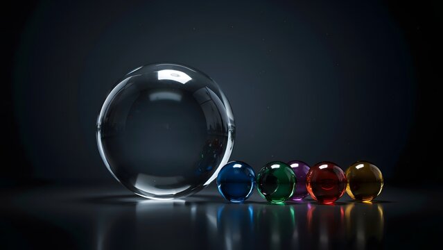 Clear glass sphere illuminating jewel toned orbs on black &ndash; Ideal for premium product styling, fine art photography, or luxury glass decor.