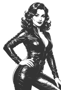 confident woman in a glossy zipped catsuit with curled hair and hand on hip sketch engraving generative ai fictional character vector illustration. Scratch board imitation. Black and white image.