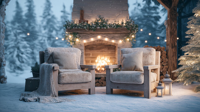 beautiful christmas background with a fireplace and armchairs, a snow-covered landscape, a garland of lights around the tree, a blue sky, a winter evening, soft focus, high-resolution photography, hig