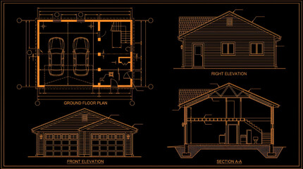 Fototapeta premium Garage CAD Blueprint Ground Floor Plan Front and Right Elevation Top View Vector Set Detailed AutoCAD Architecture Technical Drawing