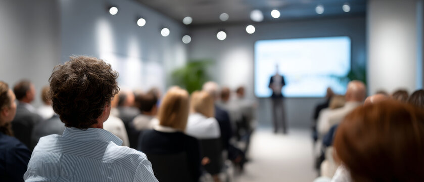 Audience attending a professional business presentation in a modern conference room with speaker and projection screen