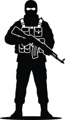 Naklejka premium Black silhouette of a tactical soldier wearing a balaclava and vest with a rifle on... des
