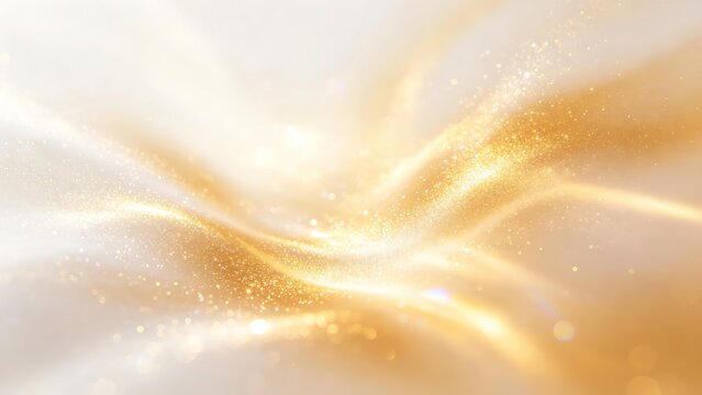 Flowing Soft Golden Silk Wave Abstract Background with Shimmering Glitter Particles and Dreamy Glow for Luxury Skincare
