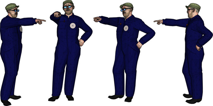 construction project supervisor foreman character coordinating logistics, displayed in multiple isometric views for CAD engineering simulations and occupational management safety manuals