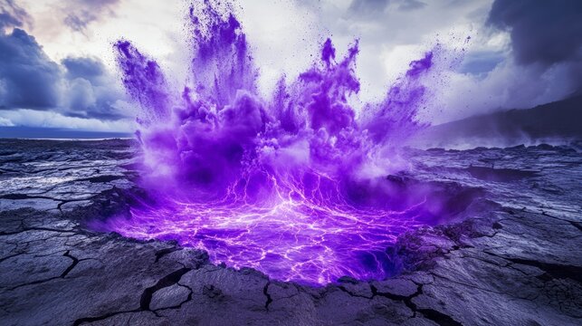 Purple fire erupts from cracked earth, dramatic sky.