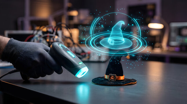 Futuristic scanner analyzing magical headwear with holographic display in modern lab setting with depicts high tech scanner examining traditional pointed hat