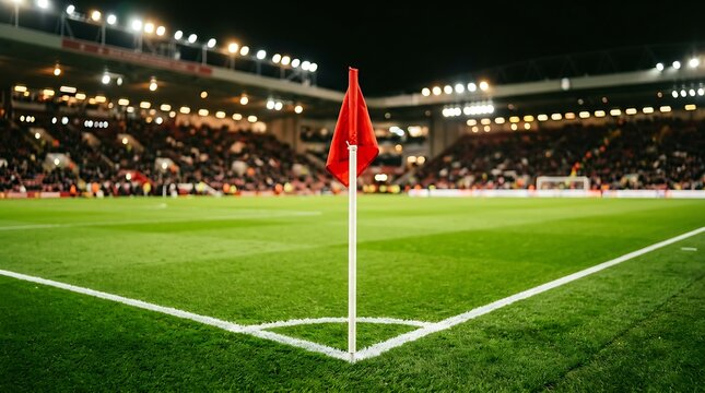 A vibrant red corner flag stands tall on a meticulously maintained green soccer field under the bright stadium lights at night.