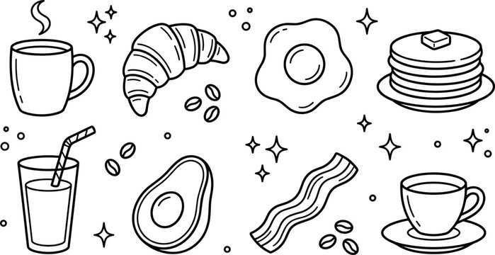 Breakfast food outline illustration set featuring coffee, croissant, fried egg, pancakes, bacon, avocado and morning meal vector collection
