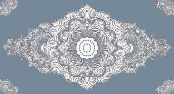 Pale slate blue guilloche pattern featuring intricate white and dark navy geometric line art. Symmetrical floral circular design elements for security backgrounds and certificates.