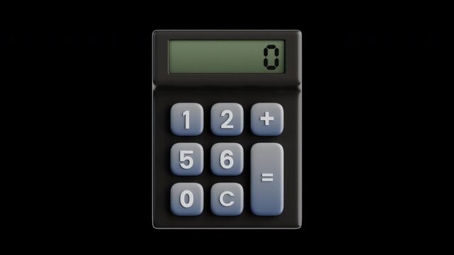 3D animation of calculator solving math equations in a smooth 4K loop with transparent background. Perfect for school theme, business theme, office, education, accounting, financial planning concepts.