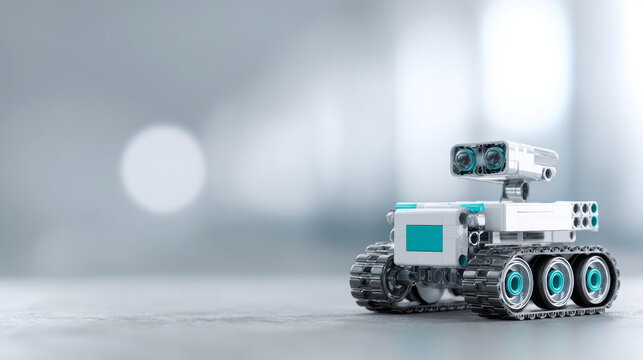 Small white robotic toy with tank tracks