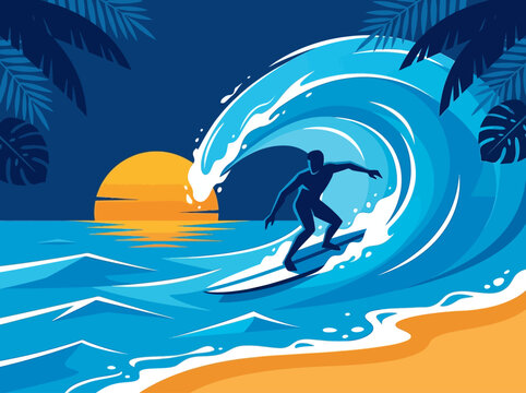 Surfer riding big ocean wave at sunset beach vector illustration