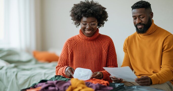 Couple organizing first aid kit at home