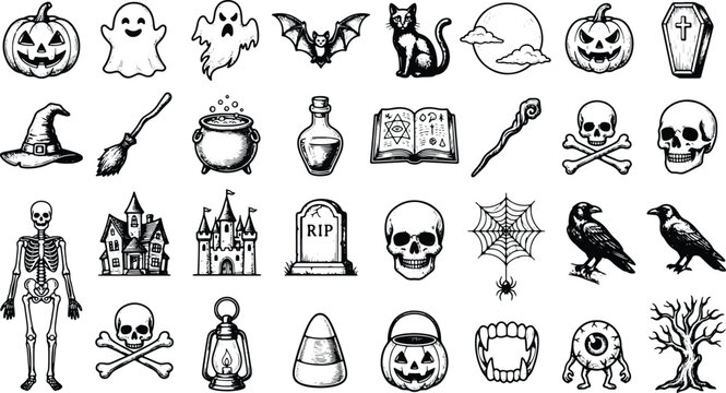 Vintage Halloween Icon Collection with Pumpkin Ghost Skull Skeleton Witch Raven Castle Spider Web and Magic Objects