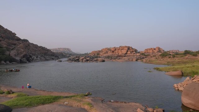 Wide Landscape View of the Tungabhadra River, Hampi, Karnataka, India
