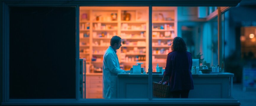 Pharmacist assisting customer at night
