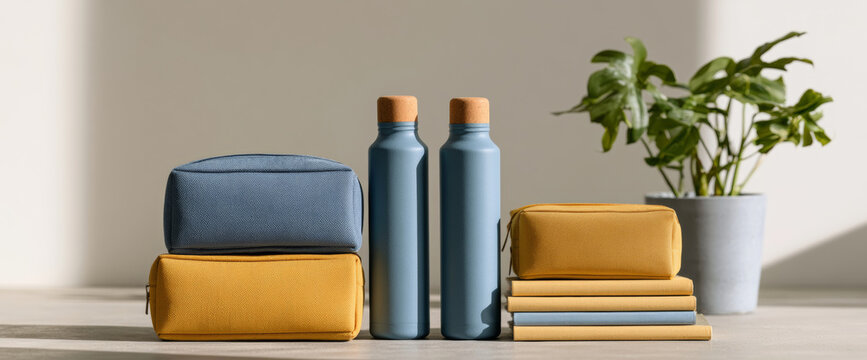 Blue and yellow stationery with water bottles