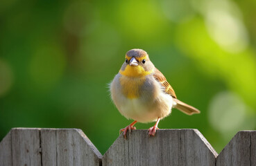 Fototapeta premium Small yellow, brown bird stands on wooden fence outdoors. Cute sparrow perches on garden barrier in bright daylight. Wild avian creature looks ahead with sharp beak. Green blurred forest background
