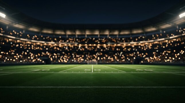 A brightly lit football stadium at night with a packed audience watching the game.